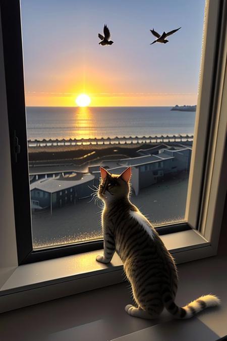 a small adventurous cat, sitting by the window of a seaside house, gazing out at the ocean. The setting sun casts a golden light on his fur, while birds fly across the sky.