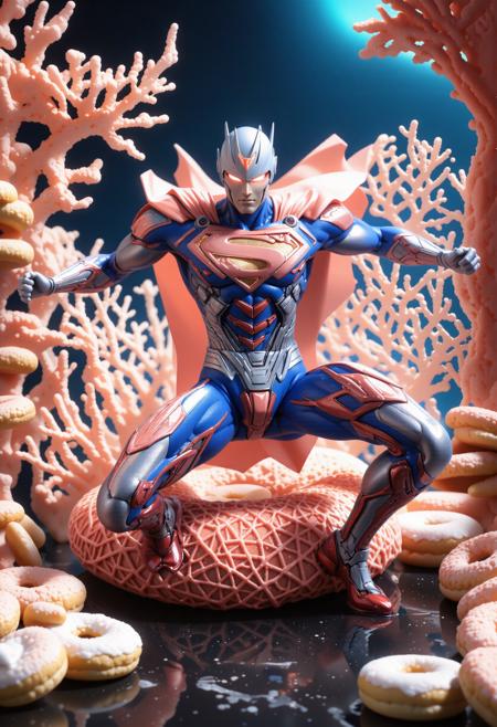mundane Fabric art style of a hyper detailed, (coral style,score_9, score_8_up, score_7_up, score_6_up, ultraman superman, made entirely of donuts of Underworld:1.3) , it is very Magical and Dried, complex highborn background, crowded nature and dungeon, at Blue hour, FOV 90 degrees, Rough sketch, Satisfying, concept art, Minecraftcore, split lighting, Depth of field 100mm, two colors, Decals, Golden ratio, Highres, colorful, sublime, winning, fantastic, sci-fi