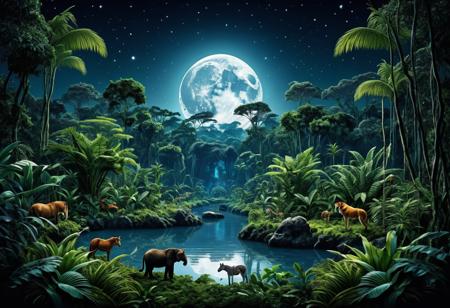 Centered, The Moonlit Jungle At Night, Highly Detailed & Filled With Animals, digital landscape, No Humans