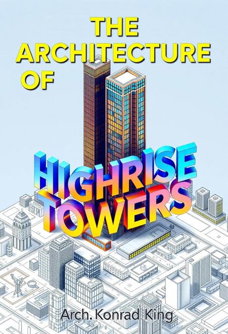 Create a book cover called ("The Architecture of Highrise Towers"), the letters of the title are 3D in the shape of highrise buildings overlooking a sketch plan of a city in USA viewed from an isometric high angle, with the letters stacked on top of each other, the ("THE") is a building, ("ARCHITECTURE") is a taller building, ("OF HIGHRISE TOWERS") is another all building with the letters stacked vertically on top of each other to form the shape of the building.
 The book cover has vivid colors with a color metallic and blue color pallette very well rendered and extremely detailed, at the bottom are the name of the author ("Arch. Konrad King) written in a architectural sketch font.