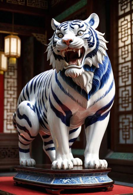An ancient, magnificent Chinese porcelain stylized tiger, on a display stand in a temple, hyper realistic picture, dramatic lighting, high resolution.