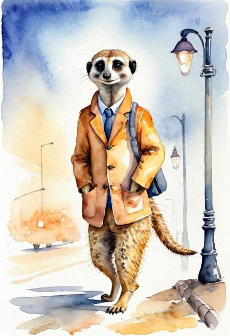 tired meerkat going to work. Early morning. Street lights. anthropomorphic. funny illustration. watercolor
