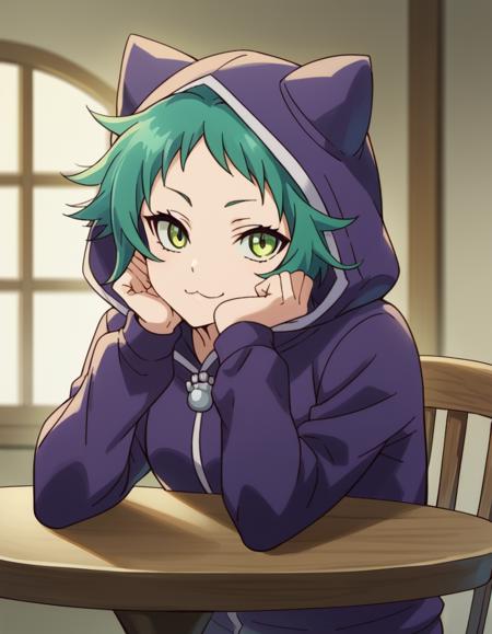 <lora:yaya-fushiguro-s1-ponyxl-lora-nochekaiser:1>, yaya fushiguro, short hair, green eyes, green hair, long sleeves, hood, hoodie, animal hood, track suit, cat hood,