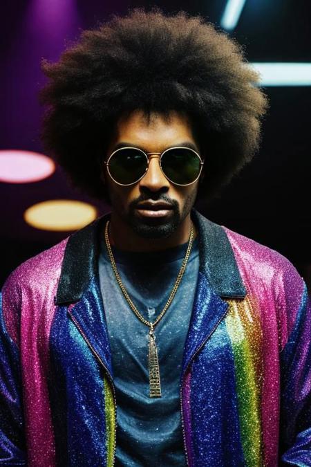 raw photo, upper body, disco, (80s, retro:1.1), dance floor, lasers, rainbow theme, a dancer man, 30 years old, sunglasses, big afro, (manly, wide jaw:1.2), dark skin, sparkly jacket, golden shirt, (vibrant colors:0.9), film grain, bokeh, fashion magazine, hdr, highly detailed photography, (muted colors, cinematic, dim colors, soothing tones:1.2), vibrant, insanely detailed, hyperdetailed, (dark shot:1.2), (vsco:0.3), (intricate details:0.9), (hdr, hyperdetailed:1.2)