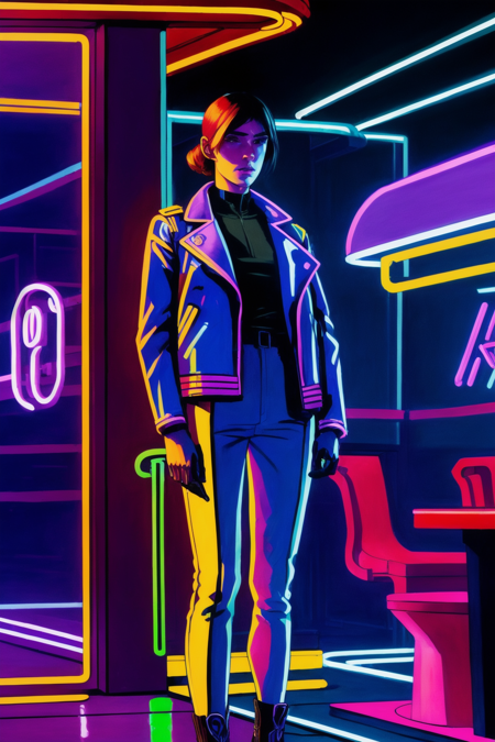 ((1 woman,))  jacket ,   
 cyberpunk, neon light
best quality, masterpiece, realistic, hyper-realistic 
((line art  by 	Edward Hopper))