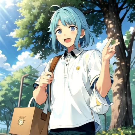 <lora:HajimeES-08:0.8>, hajimees, open mouth, shirt, holding, white shirt, outdoors, sky, day, collared shirt, cloud, bag, tree, leaf, sunlight, plastic bag