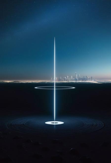 An enormous city sprawl, focus on the city skyline reaching for the stars,
Aleph Tower, centre for the AI that rules the Human civilization, in a glittering city of glass and shining metal,
   bright sunlight under a pitch black sky.
So twice five miles of urban sprawl,
With walls and towers  girdled round;
In center: a black circle in bold lines intersected by a several lines, gnostic symbols, symetrical,
Photographer Reuben Wu Style