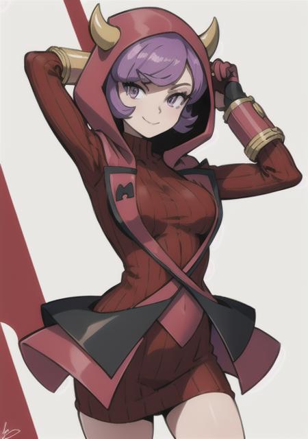 <lora:courtney:0.7>,courtney, 1girl, solo, breasts, looking at viewer, smile, short hair, bangs, simple background, gloves, white background, dress, closed mouth, purple eyes, purple hair, horns, signature, hood, arm up, sweater, eyelashes, red dress, clenched hand, red gloves, ribbed sweater, hood up, fake horns, sweater dress, horned headwear, ribbed dress