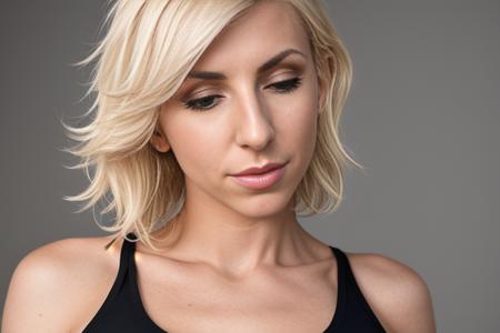 a portrait of DEN_juniper_hope in front of a [plain black background] wearing a black tank top, collarbone, [headshot], [centre frame], looking at the camera, facing the camera,
[eyes closed screaming], dynamic lighting, mole above her lip on the right,
photorealistic, high detail, detailed, masterpiece, 8k, highres, flawless, colour, professional