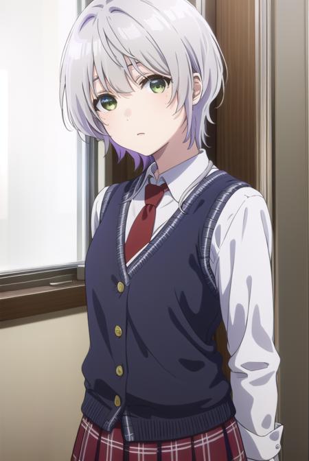 fuukakikuchi, <lora:fuuka kikuchi s1-lora-nochekaiser:1>,
fuuka kikuchi, short hair, bangs, hair between eyes, (green eyes:1.3), grey hair,
BREAK skirt, shirt, long sleeves, school uniform, jacket, white shirt, pleated skirt, necktie, collared shirt, plaid, plaid skirt, blazer, red necktie,
BREAK indoors, classroom,
BREAK looking at viewer,
BREAK <lyco:GoodHands-beta2:1>, (masterpiece:1.2), best quality, high resolution, unity 8k wallpaper, (illustration:0.8), (beautiful detailed eyes:1.6), extremely detailed face, perfect lighting, extremely detailed CG, (perfect hands, perfect anatomy),