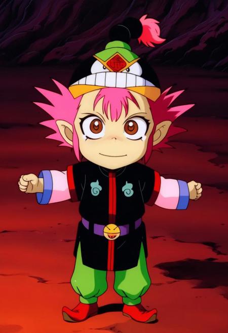 score_9, score_8_up, score_7_up, score_6_up, koashura, 1boy, solo, small body, brown eyes, Pink spiky hair, pony tail, Pink flame-like tuft, shorte pink bangs, Large pointed ears, Black tunic with red trim, purple belt with Golden emblem, cartoonish emblem, Turquoise swirl patterns on chest, Ornate black hat, pink long-sleeved undershirt with blue cuffs,  Bright green baggy pants, Red upturned shoes, CuteCartoonStyle