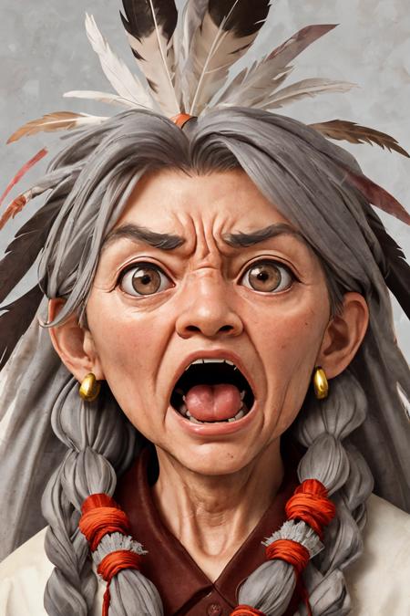 close-up photo portrait of a 100 yo old native american woman, grey hair, brown eyes, screaming face expression, twin braids, warbonnet, feathers, tribal, simple background