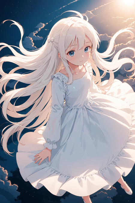 flat color, anime style, girl, from above, cute pose, white long hair, white dress, soft lighting, in the sky