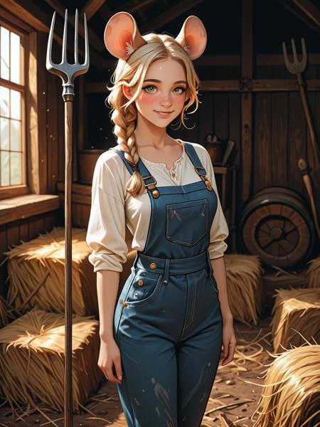masterpiece, best quality, amazing quality, 1girl, standing, shy, smile, blush, long wavy blonde hair, braids, freckles, mouse ears, [small:medium:0.30] breasts, green eyes, looking at viewer, athletic, <lora:FantasyArt1llust:0.8>, fantasyart, ethereal beauty, dark atmosphere, fantasy, BREAK, barn, hay, wearing blue overalls, holding pitchfork