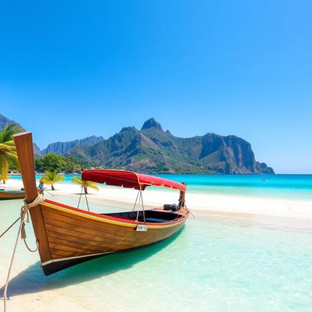 A scenic view of a beautiful beach with clear turquoise water and a traditional wooden boat in the foreground. the beach is located in the middle of the image, with a sandy shoreline and a few palm trees scattered around. in the background, there are tall, brown mountains with a clear blue sky above them. The sky is clear and blue, and the water is calm, with no clouds in sight. on the shore, there is a wooden boat with a red canopy, tied to the shore with a rope. The boat has a nameplate on it, and it appears to be empty. the overall atmosphere is peaceful and serene.