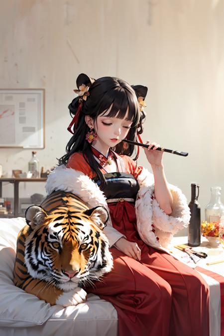 masterpiece, best quality, <lora:hanfu:1>,hanfukozue, 1girl, tiger, paintbrush, long hair, double bun, hair bun, holding paintbrush, holding brush, chinese clothes, hanfu, calligraphy brush, bangs, solo, year of the tiger, black hair, white tiger, jewelry, long sleeves, holding, sitting, yellow eyes, bow, necklace, hair ornament, wide sleeves, red bow, blunt bangs, fur trim, closed mouth, ribbon, dress, shawl, tassel, animal print, red ribbon, animal, very long hair, hand up, ink, bowtie, coat, hair ribbon, chinese zodiac, scroll, looking at viewer, hair flower, sidelocks, earrings, brown hair, flower, one eye closed, blush, pink dress