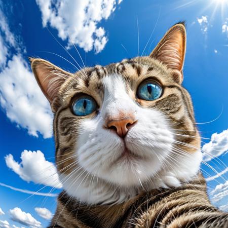 close-up cat taking a selfie, fisheye effect style, happy mood, strong facial expression, blue sky background with cirrus clouds,