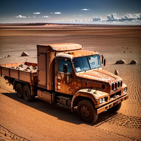 raw, (color blue rusty:1.3) (cargotruck:1.1) <lyco:TruckMaker:0.75> offroad, outdoor, cinematic, (hpt desert landscape:1.1), dried lake, cracked rocks, volumetric light, mist, sunset, dark
<lyco:tatra148-loha:0.1> <lora:entropy-alpha:0.07>