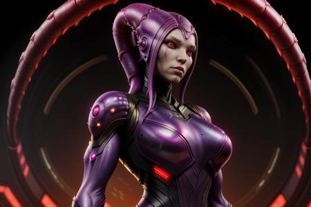 femalien, bodysuit, armor, muscular, massive, strong, tentacle hair, red eyes, glowing,
<lora:FemAlien:0.8>