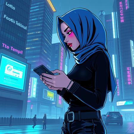 Generate a Wonder AI draw prompt for a cyberpunk-themed illustration. Envision a teen girl in a luminous blue hijab with pink glitter lipstick and luminescent pink eyeshadow. Her black hair, showing from under the hijab, has luminescent blue highlights. Dress her in a tight black turtleneck, tight pants with belts, and high boots. Picture her using a handheld computer to hack into a terminal outside a corporate building in the futuristic cityscape of Neo Tokyo. Capture the intensity and focus of the hacking scene within the cyberpunk setting.