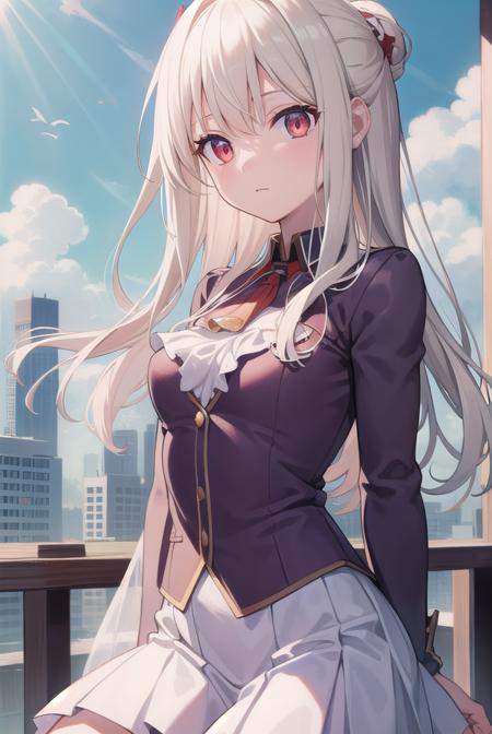 illyasvielvoneinzbern, <lora:illyasvielvoneinzbern-lora-nochekaiser:1>,
illyasviel von einzbern, blonde hair, hair between eyes, long hair, (red eyes:1.5),
BREAK ankle boots, boots, frilled skirt, frills, purple footwear, purple shirt, skirt, white skirt,
BREAK outdoors, city, sky, cloud, sun,
BREAK looking at viewer, (cowboy shot:1.5),
BREAK <lyco:GoodHands-beta2:1>, (masterpiece:1.2), best quality, high resolution, unity 8k wallpaper, (illustration:0.8), (beautiful detailed eyes:1.6), extremely detailed face, perfect lighting, extremely detailed CG, (perfect hands, perfect anatomy),