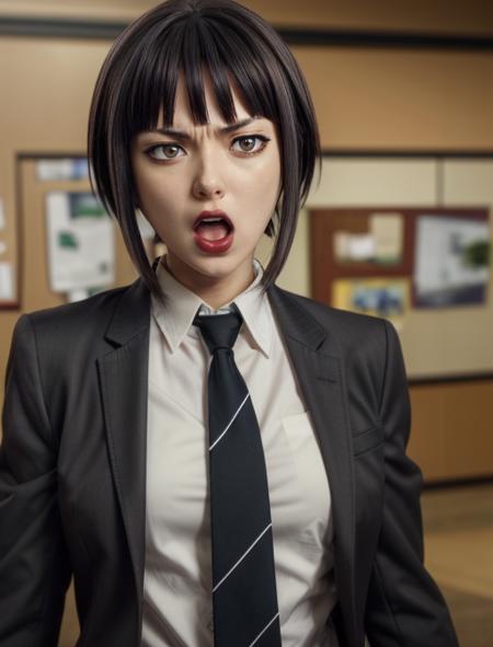 best quality, masterpiece, highres, detailed, realistic, cosplay, <lora:Detail - add_detail:0.2>, AmamiyaRON, grey eyes, lipstick, short hair, black jacket, tie, white shirt, <lora:Character - AmamiyaRON:0.6>, upper body, crime scene, shouting, angry,