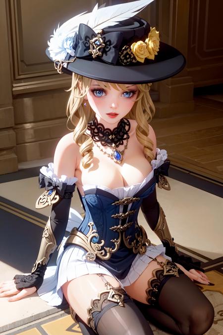 Navia \(genshin impact\) embroidered hat blue jewel headdress on the left blue eyes blonde hair hat flower hat feather drill hair dark red eye shadow and lipstick jewelry