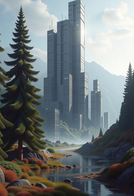 Realistic, photograph, a sci-fi metal world of buildings with a single Pine tree