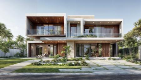 Modern Exterior design of 2 story villa,(masterpiece), best quality,8K,no humans, tree, sky, reflection, grass,window,  <lora:Modern_Exteriors by (Archilabstudios):0.5>,<lora:add_detail:0.5>