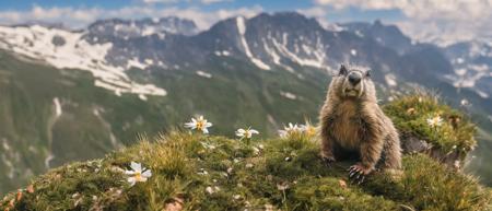 classicnegative photo of a cute marmot sitting on a mossy rock on top of a mountain in the alps, edelweiss flowers, dark clouds, haze, bloom, halation, dramatic atmosphere, cinematography