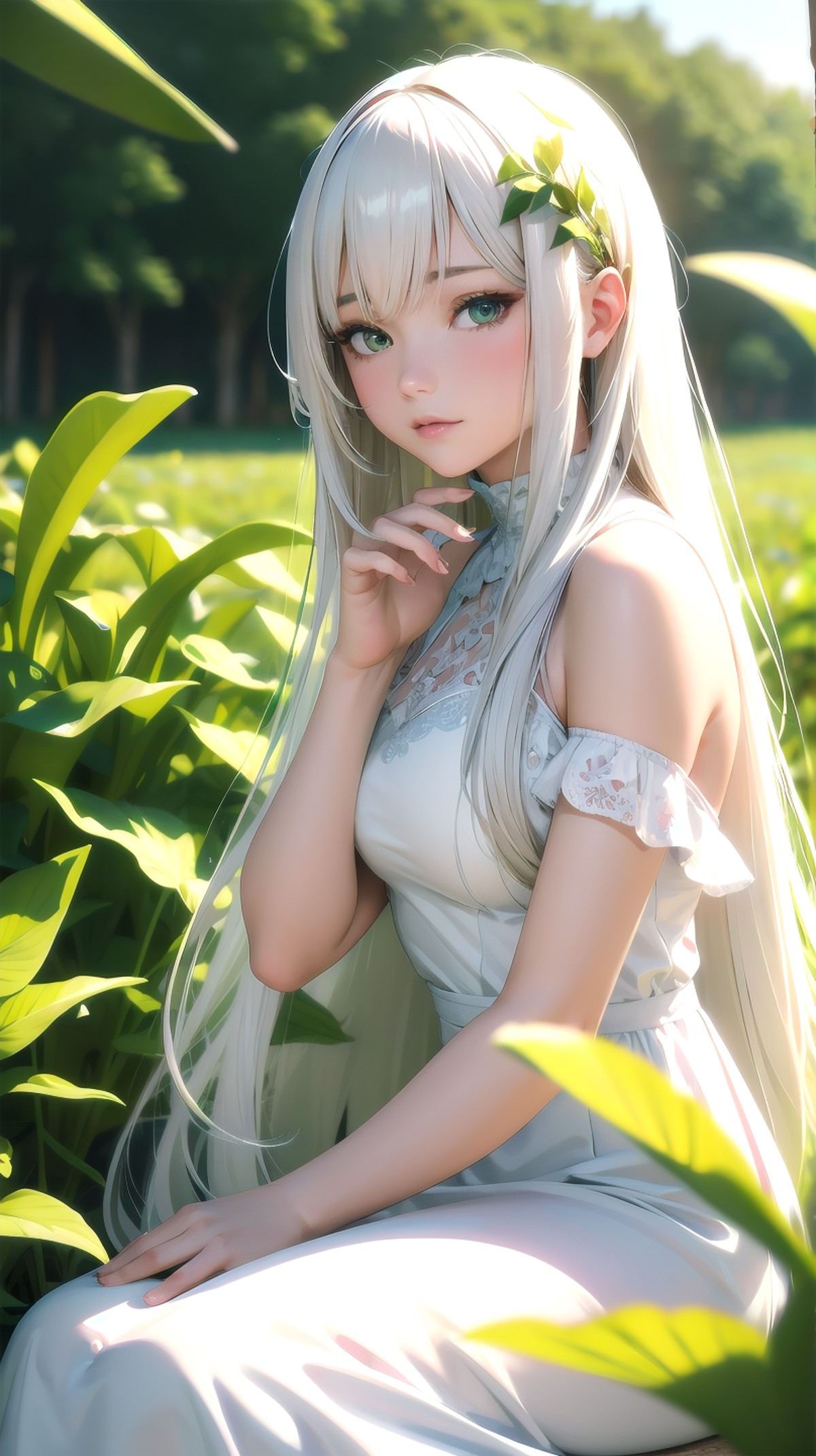 ((ultra detailed,ultra high res,detailed background)),1girl with long white hair sitting in a field of green plants and fl...