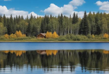 very realistic photograph of a diverse forest of deciduous trees (birch, aspen, maple) and conniferous trees (fir, pine, spruce) blue sky background with cumulus clouds and lake with a log cabin