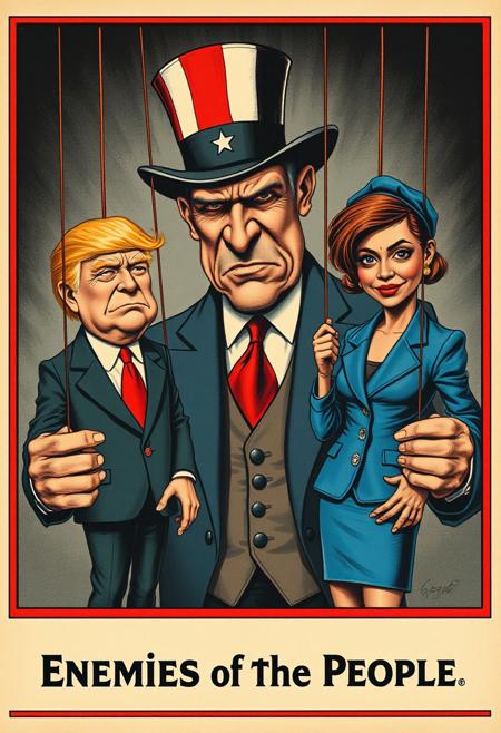 world war I military propaganda poster showing the "enemies of the people", the caricature drawing in the style of a gravure depicts an evil greedy capitalist with 3 piece suit and a American flag top hat who is controlling two puppets, one puppet is of an old white man with orange hair and red tie resembling Trump, the other puppet is that of a tanned short haired tamil indian woman wearing a blue western suit resembling kamala harris, the a title at the bottom that reads "Enemies of the People"