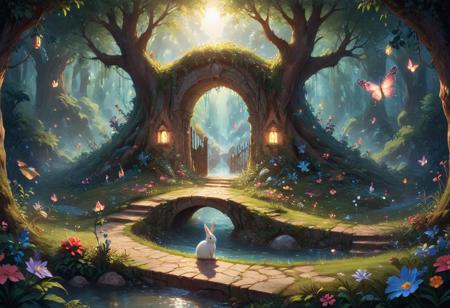 (Isekai anime style.Anime coloring.(0.9))In a whimsical world, a beautiful fairy garden blooms with vibrant flowers and sparkling fountains. A delicate, crystal bridge spans a gentle stream, leading to a majestic tree with leaves that shimmer like diamonds. A friendly, fluffy rabbit hops along the winding path, surrounded by fluttering butterflies and sweet, singing birds. The garden is filled with hidden treasures, like a tiny, glowing fairy door and a secret, shimmering cave. A soft, fluffy cloud drifts lazily across the sky, casting a warm, gentle shadow over the garden. The air is filled with the sweet scent of blooming flowers and the soft, soothing sound of gentle chimes. It's a peaceful, magical place where dreams come alive and wonder waits around every corner.master_class,master_piece,up_8,up_9,perfect beautiful,perfect beautiful early morning light.