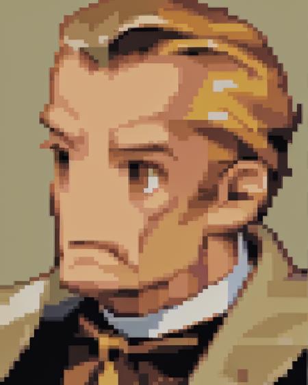 <lora:Final Fantasy Tactics Portraits V1:0.95> final_fantasy_tactics_portrait, pale orange background, no_nose, portrait, 1boy, old man, suit, tie, jacket, pinstripe suit, elderly,