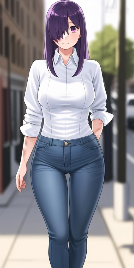 realistic, <lora:steampunkengis_katawashoujo_hanakoikezawa:0.8>, girl, solo, shy, (blush:0.3), (smile:0.6), standing, purple hair, purple eyes, one eye covered,(burn scar on side:0.5) , (blue jeans:1.1), skin tight white dress shirt, ass visible through thighs, hands out of frame, depth_of_field, street, blurry background, hands in pockets