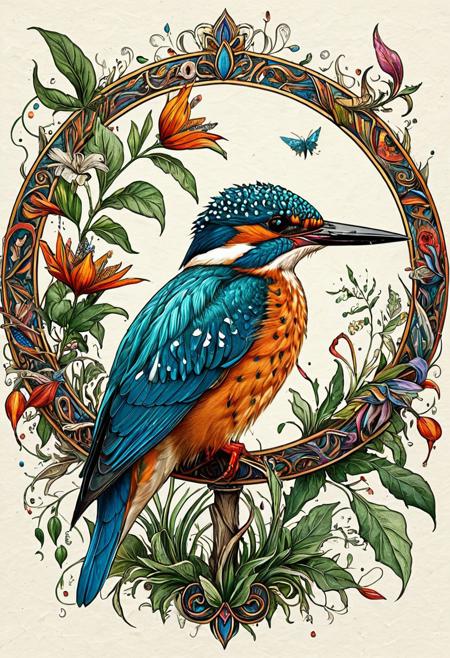 Finely detailed vector illustration, botanical study, kingfisher, ultra realistic quality, circle symbol, white background, hyperdetailed, intricately detailed,  triadic colors,fantastical,intricate detail,splash screen,complementary colors, fantasy concept art, 8k resolution, masterpiece, ink on old paper, calligraphy,