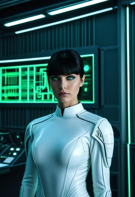 headshot of  (sarah douglas aeon flux:0.9) as one confident fierce imperious corporate warrior, age-30, straight hair, glowing neon eyes, bumper bangs, in an intimidating tight white rubber avant-garde tactical combat shirt, square shoulder pads, futuristic fashion, cyberpunk fashion, white outfit, big long sleeves, standing stiff in front of a mad-cyberspace glowing chartreuse nuclear control room, staring at viewer, alone, masterpiece
(8k resolution, flash photography, sharp focus, tilt-shift lens:0.9)