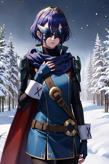 masterpiece, best quality,  <lora:lucina-nvwls-v1-000008:1> defLucy, tiara, cape, blue scarf, blue coat, shoulder armor, long sleeves, cuffs, belt, fingerless gloves, black pantyhose, covered eyes, mask, short hair, upper body, looking at viewer, hand on own chest, alpine forest, snow, night