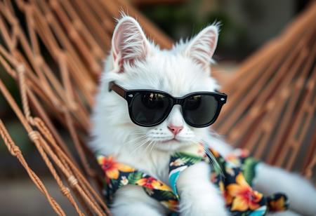 An adorable white cat wearing funky black sunglass, wearing Hawaiian shirt, lies on a fabric hammock, intresting background,