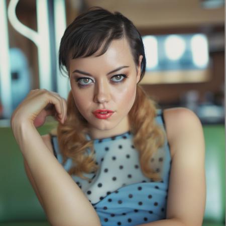 aubreyplaza a beauty photography, a close up portrait photo of 26 y.o woman, Sassy Undercut Pixie , pale skin, detailed skin,(freckles:.5), sitting, face closeup, 70s clothing, vintage coffee shop, chiaroscuro lighting, eye level, shot onlarge format, Fujicolor Pro, bokeh, in style of Miles Aldridge woman, annev sitting alone on a sofa<lora:aubreyplaza_sdxl_lora_15:1>