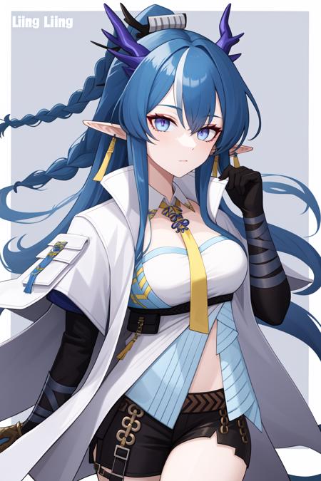 ling, a girl named ling, blue hair, long hair, 1girl, horns, pointy ears, dragon horns, blue eyes, jewelry, earrings, gloves, necktie, braid, open clothes, yellow necktie, coat, shorts