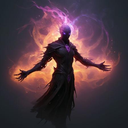 Artnthrmg, With this spell, the nether mage can turn his body into pure elemental nether. In this form, the mage is able to use his own body as a receptacle for elemental energies that can be used afterwards for various nether spells. The control of nether energy is very difficult and a careful nether mage makes a strong point of always having is control spell up and to avoid returning to his normal body with too much stored energy. The amount of nether energy that can be stored is linked to the nether mage status in the nether guild. A nether mage must also be careful not to have too much elemental energy stored when he goes back to his normal form, for else the huge amount of energy will explode into the air around the mage, which might prove quite lethal. Efficiency of this spell depends on the mage knowledge in the basic bodies and masteries, fire, earth, water and air.. ::2 masterpiece, long exposure, layered elements, motion photography, stark contrasting color transitions, saturated colors, harmonious color story, illusionism, beautiful details, blackhole energy core, ::1 --style raw