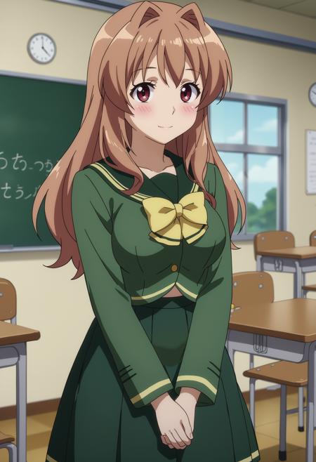 long hair, brown hair, brown eyes HarukaSchool, green sailor collar, green shirt, long sleeves, yellow bowtie, pleated skirt, green skirt HarukaUniform, blue jacket, white shirt, red necktie, green armband, white gloves, pencil skirt, blue skirt, brown pantyhose