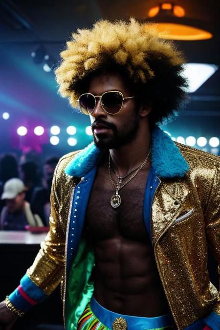 raw photo, upper body, disco, (80s, retro:1.1), dance floor, lasers, rainbow theme, a dancer man, 30 years old, sunglasses, big afro, (manly, wide jaw:1.2), dark skin, sparkly jacket, golden shirt, (vibrant colors:0.9), film grain, bokeh, fashion magazine, hdr, highly detailed photography, (muted colors, cinematic, dim colors, soothing tones:1.2), vibrant, insanely detailed, hyperdetailed, (dark shot:1.2), (vsco:0.3), (intricate details:0.9), (hdr, hyperdetailed:1.2)