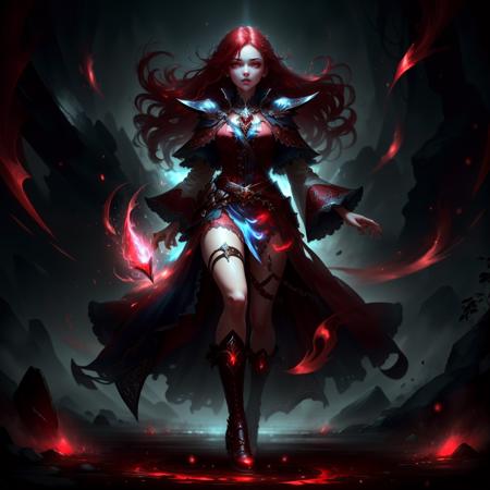 masterpiece, best quality, absurdres,  volumetric lighting,
1girl, mage outfit ,   full body, unleashing aura, excessive energy,
<lora:BloodMagic-20:0.8>,bloodmagic ,magical energy , mana, fantasy,red hair, glowing eyes,