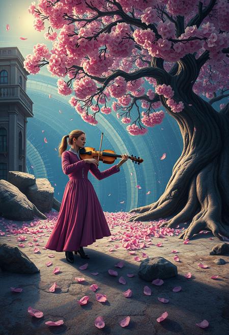 A violinist playing under a cherry tree, the falling petals landing as musical notes on the ground., surrealism, symbolic transformation, retro-futurism, conceptual dreamscapes, psychedelic color palette, visual metaphor, uncanny objects, architectural fantasy, cosmic surrealism, intricate detailing, subconscious themes, otherworldly flora, poetic absurdity, luminous textures, surreal structures, metamorphic landscapes, abstract storytelling, psychological symbolism, tactile materials, mystical science fiction