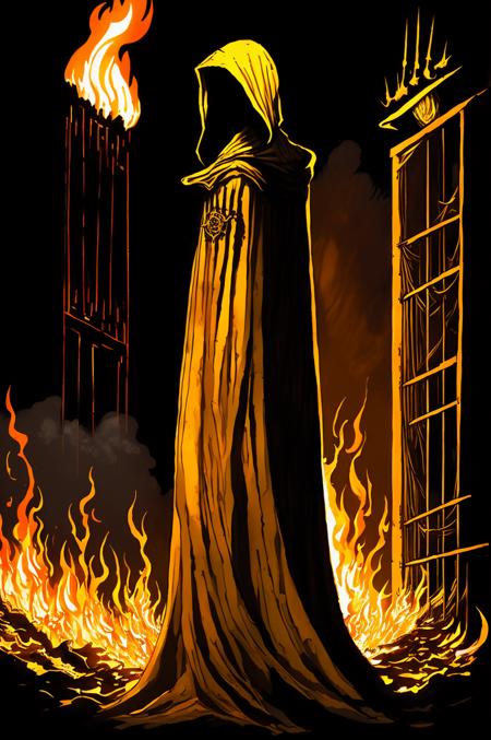 a professional comic ink drawing of the kinginyellow wearing a cloak and (hood:1.2) that conceals his face in complete shadow with a crown hovering above his head like a halo, standing in front of a (burning building:1.1) illuminated by the raging flames, (burning scaffolding:1.1), (profile view, from the side:1.3), high quality, debris, shadow, clean lines  <lora:kinginyellow-beta1-000007:0.85>