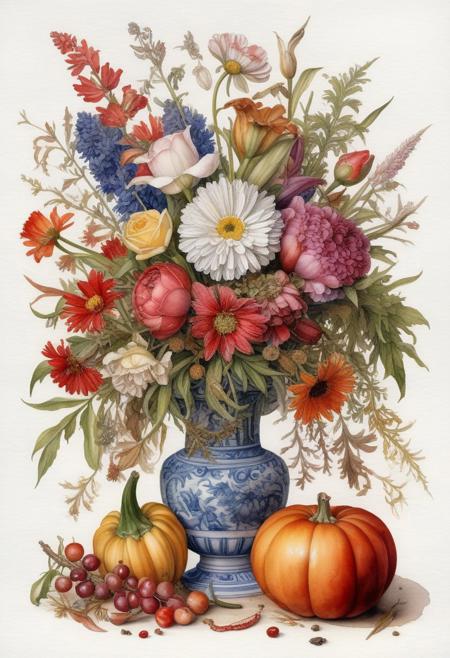 Art by Joachim Beuckelaer, vintage watercolor, white background. A vase of autumn flowers and a single pumpkin at the bottom. Rich colors, detailed painting, Watercolor, trending on artstation, sharp focus, studio photo, intricate details, highly detailed, by greg rutkowski