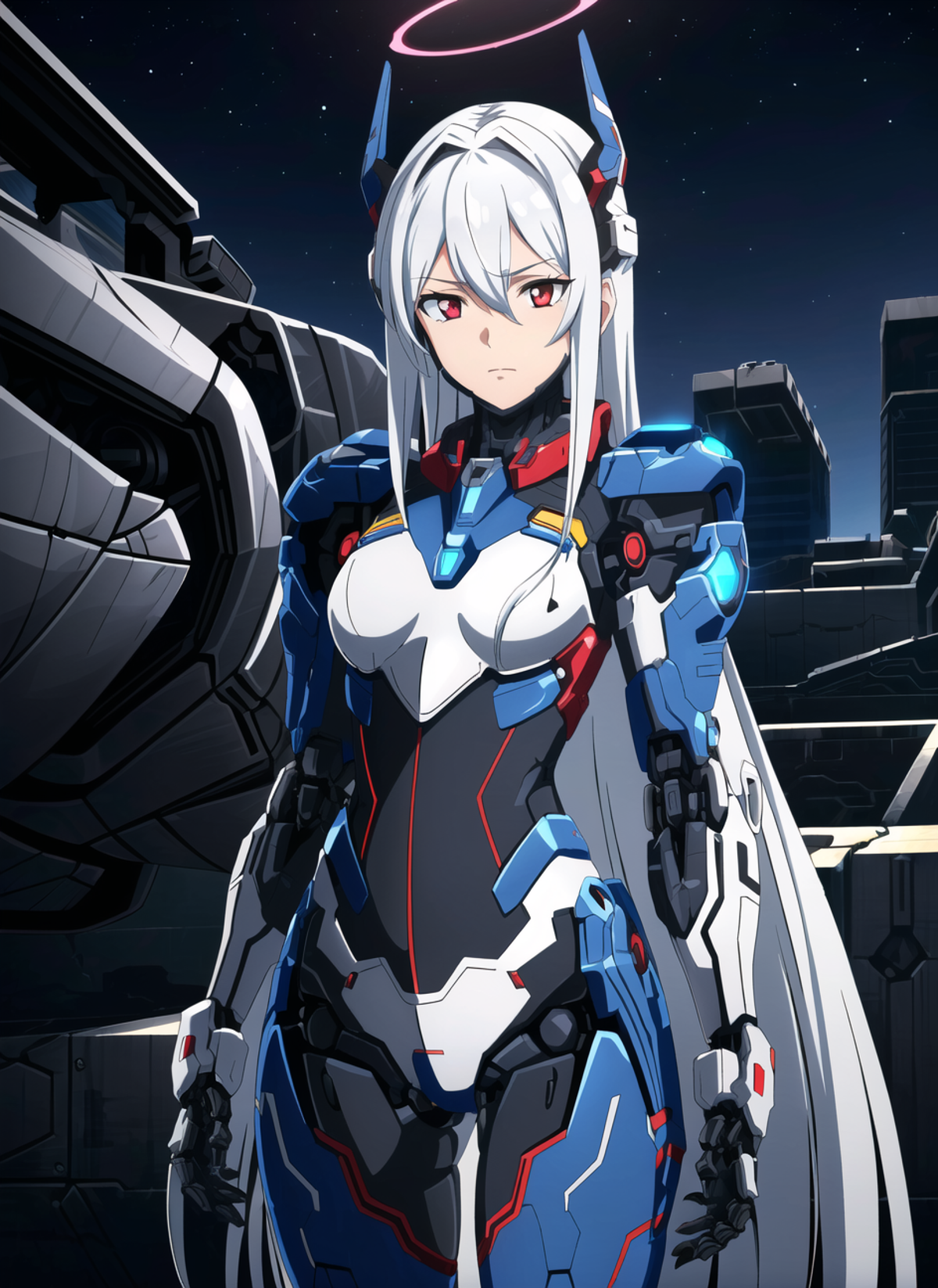 The image features a woman with long white hair wearing a blue and black armored suit. She is standing in front of a large robot or a metal structure, possibly an armored warrior. The scene appears to be set in a futuristic or sci-fi environment. The woman's attire and surroundings give off an impression of a powerful and technologically advanced character.